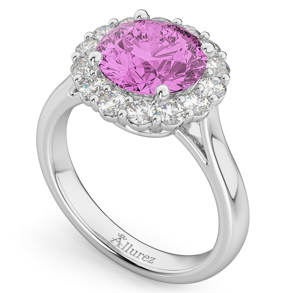 Halo Round Pink Sapphire & Diamond Engagement Ring 14K White Gold 4.45ct