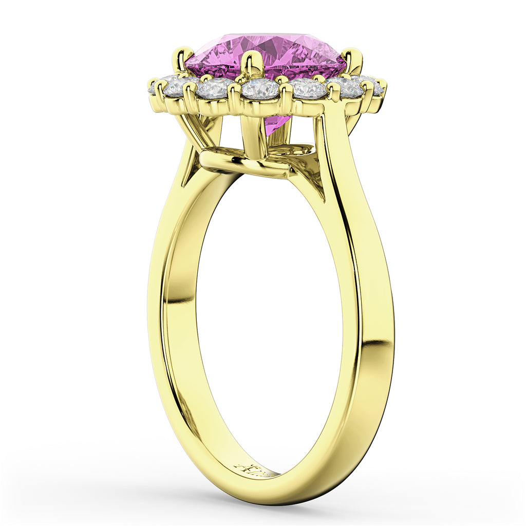 Halo Round Pink Sapphire & Diamond Engagement Ring 14K Yellow Gold 4.45ct
