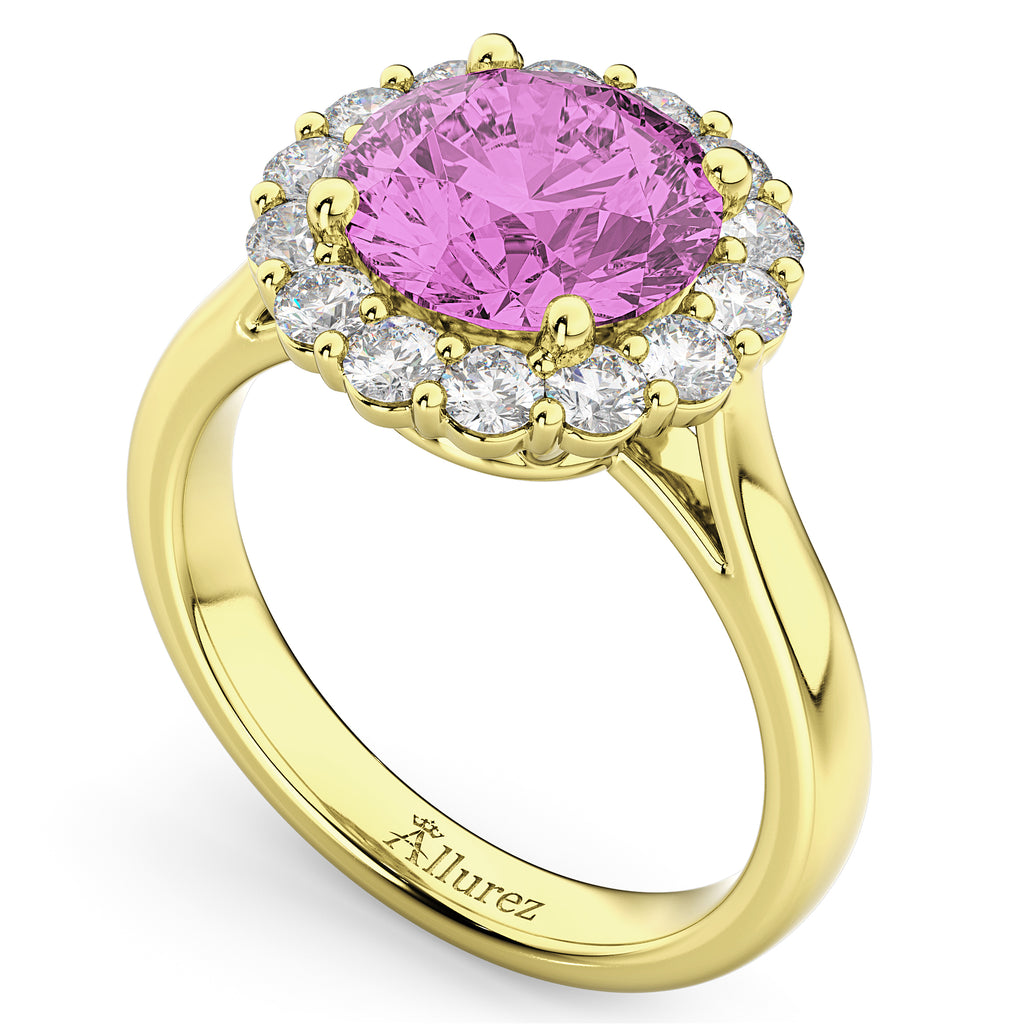 Halo Round Pink Sapphire & Diamond Engagement Ring 14K Yellow Gold 4.45ct