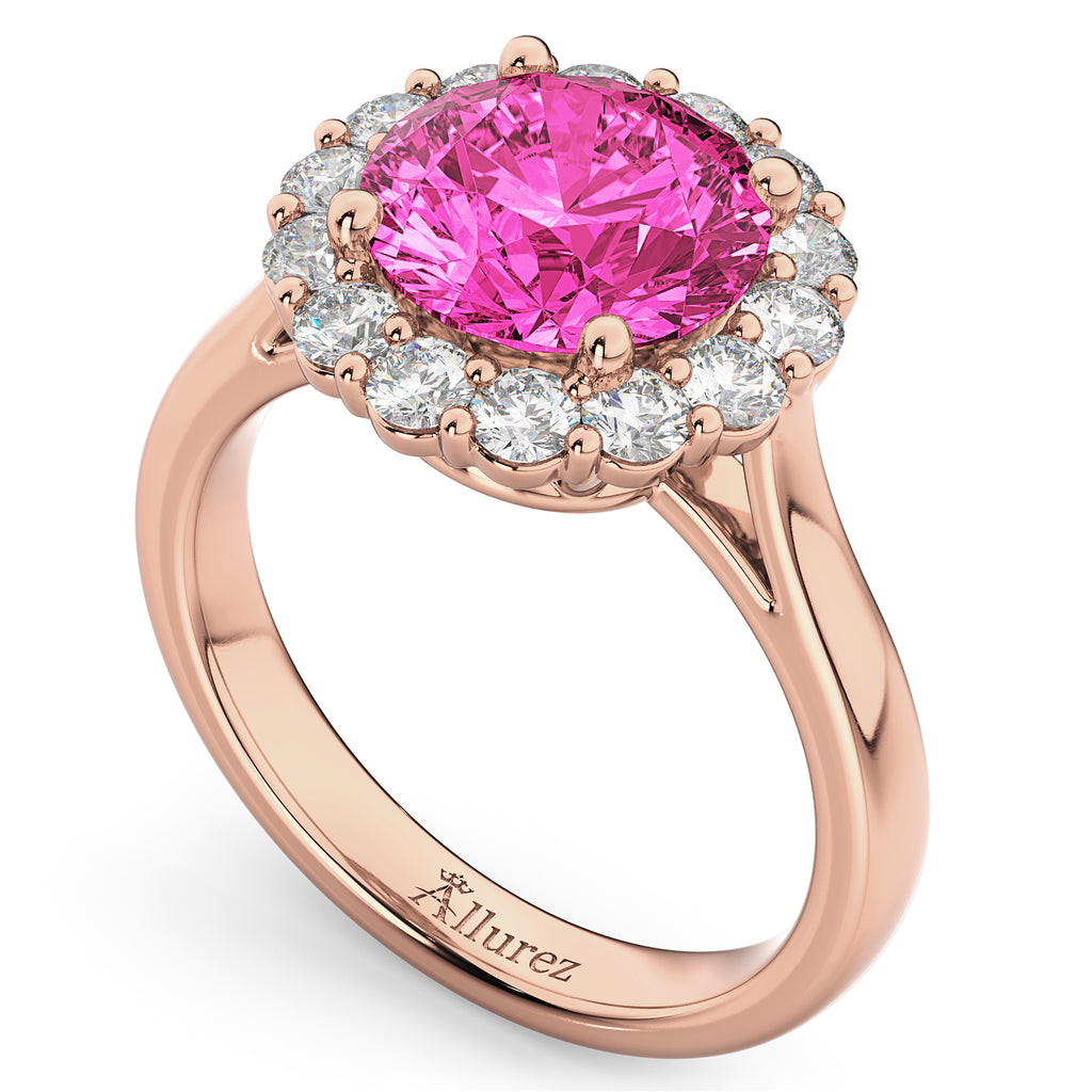 Halo Round Pink Tourmaline & Diamond Engagement Ring 14K Rose Gold 3.20ct