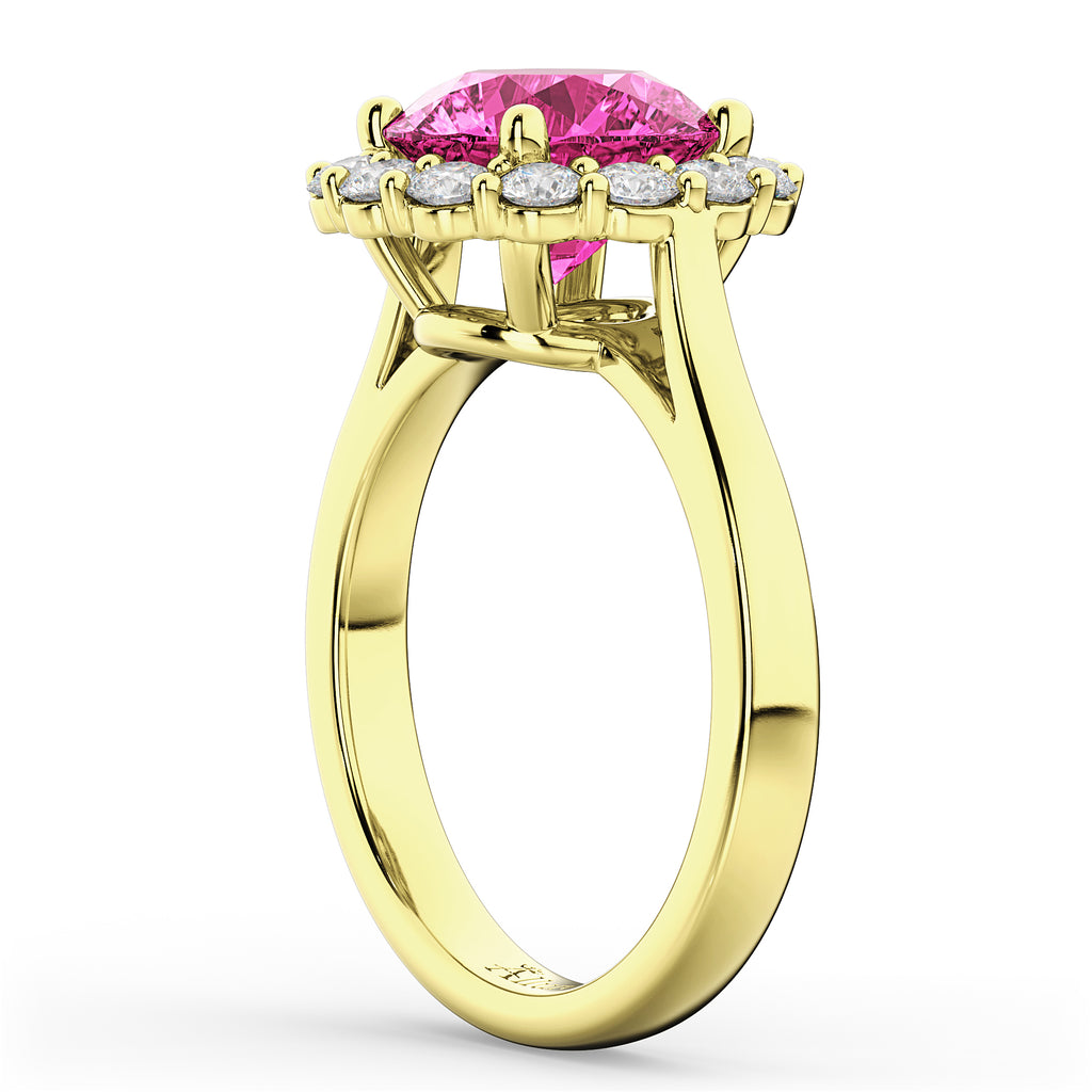Halo Round Lab Pink Tourmaline & Lab Diamond Engagement Ring 14K Yellow Gold 3.20ct