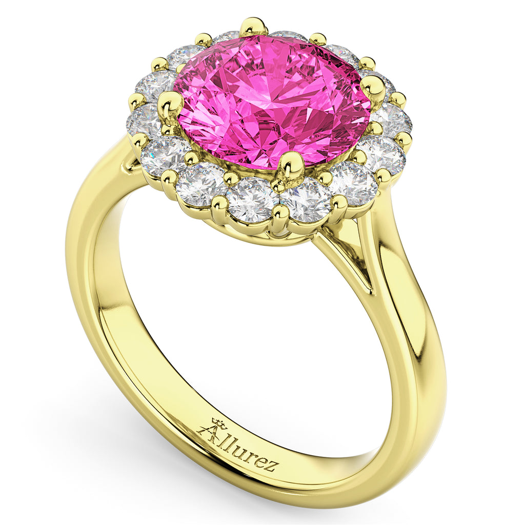 Halo Round Lab Pink Tourmaline & Lab Diamond Engagement Ring 14K Yellow Gold 3.20ct