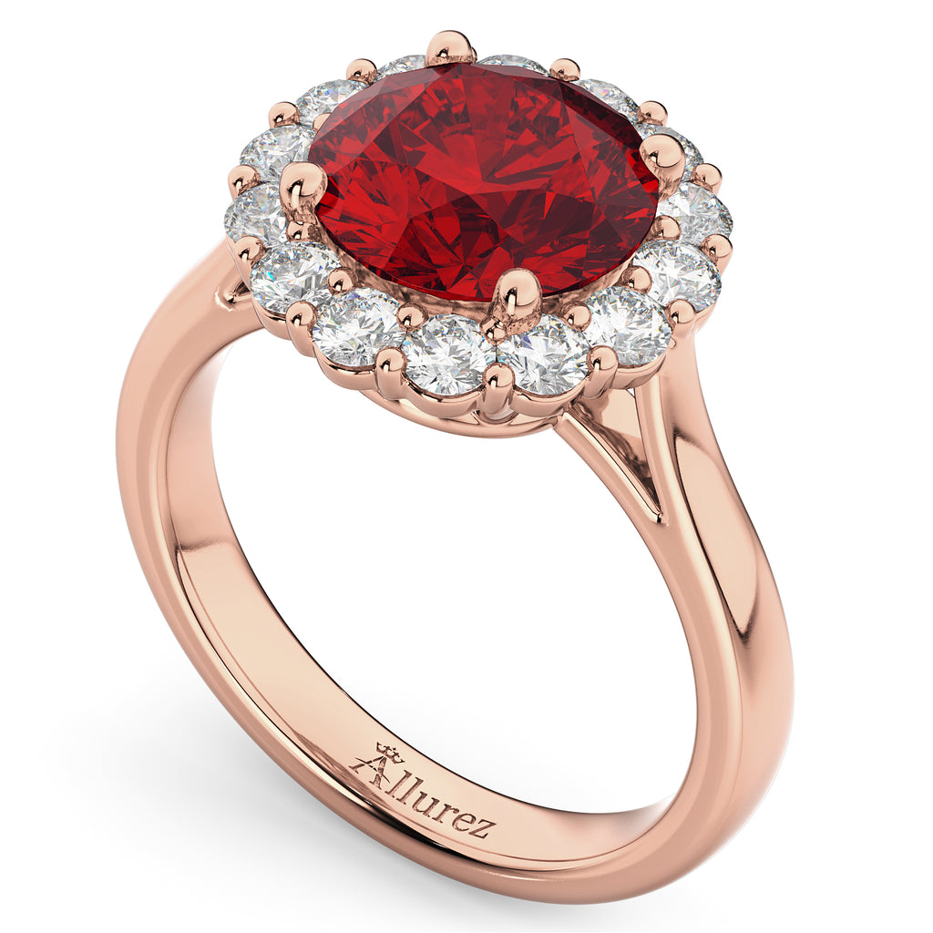 Halo Round Ruby & Diamond Engagement Ring 14K Rose Gold 4.45ct