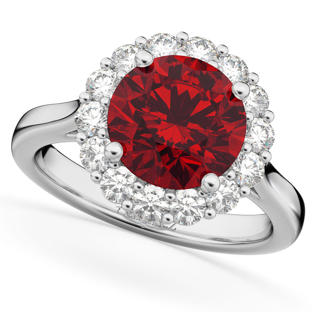 Halo Round Lab Ruby & Lab Grown Diamond Engagement Ring 14K White Gold 4.45ct