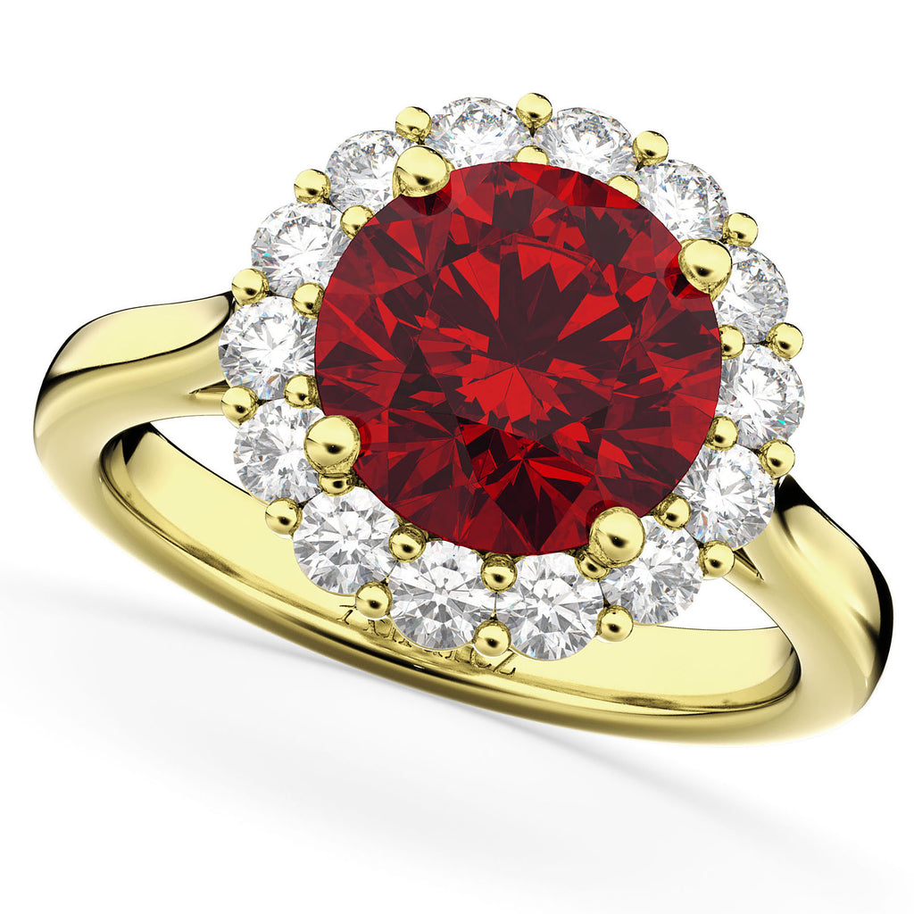 Halo Round Ruby & Diamond Engagement Ring 14K Yellow Gold 4.45ct
