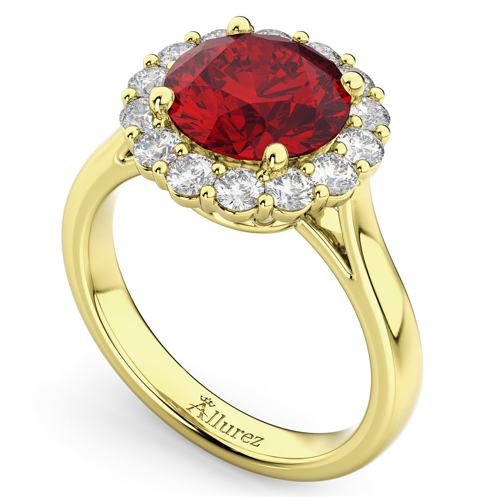 Halo Round Ruby & Diamond Engagement Ring 14K Yellow Gold 4.45ct
