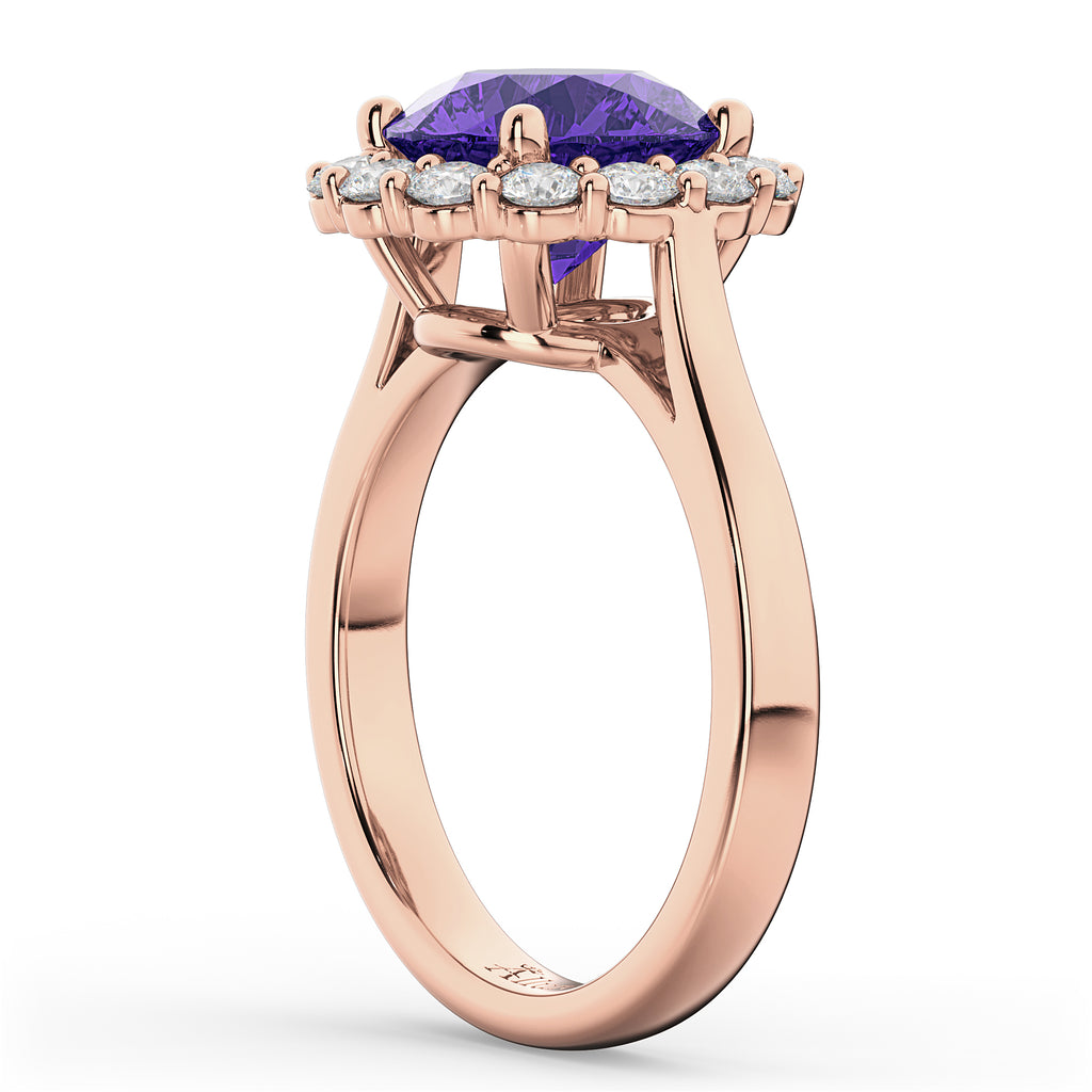Halo Round Tanzanite & Diamond Engagement Ring 14K Rose Gold 3.10ct