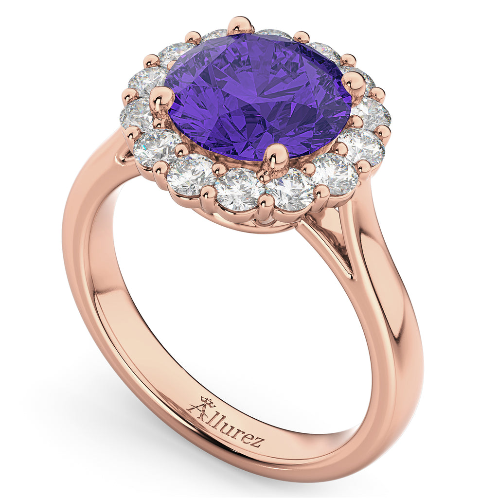 Halo Round Tanzanite & Diamond Engagement Ring 14K Rose Gold 3.10ct