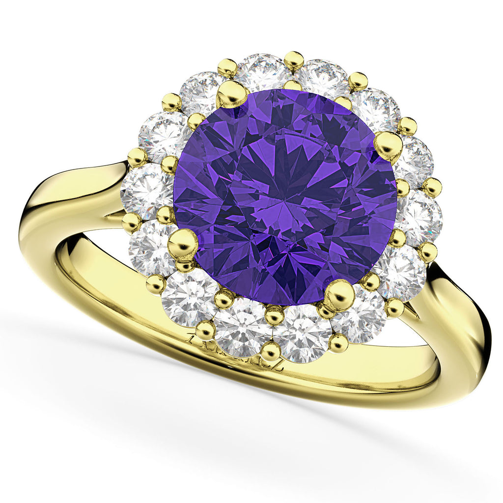 Halo Round Tanzanite & Diamond Engagement Ring 14K Yellow Gold 3.10ct