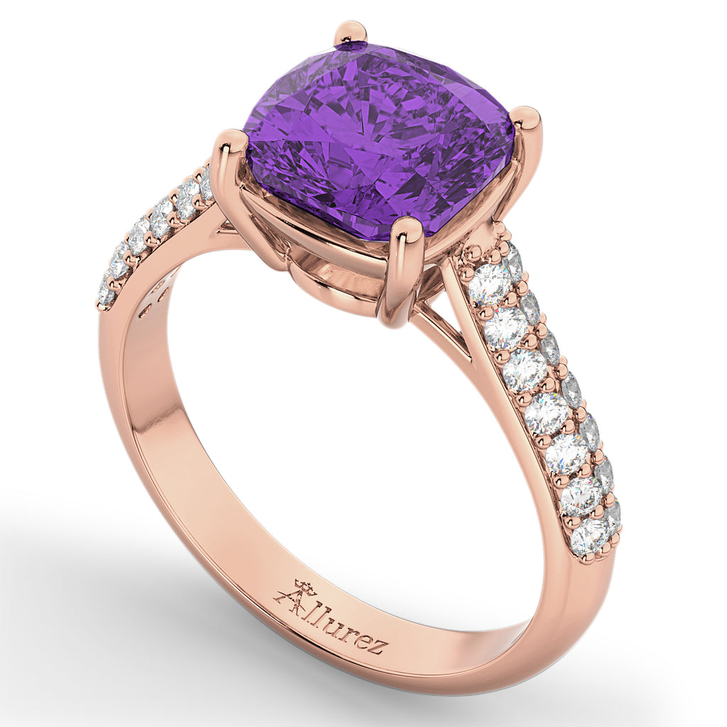 Cushion Cut Amethyst & Diamond Engagement Ring 14k Rose Gold (4.42ct)