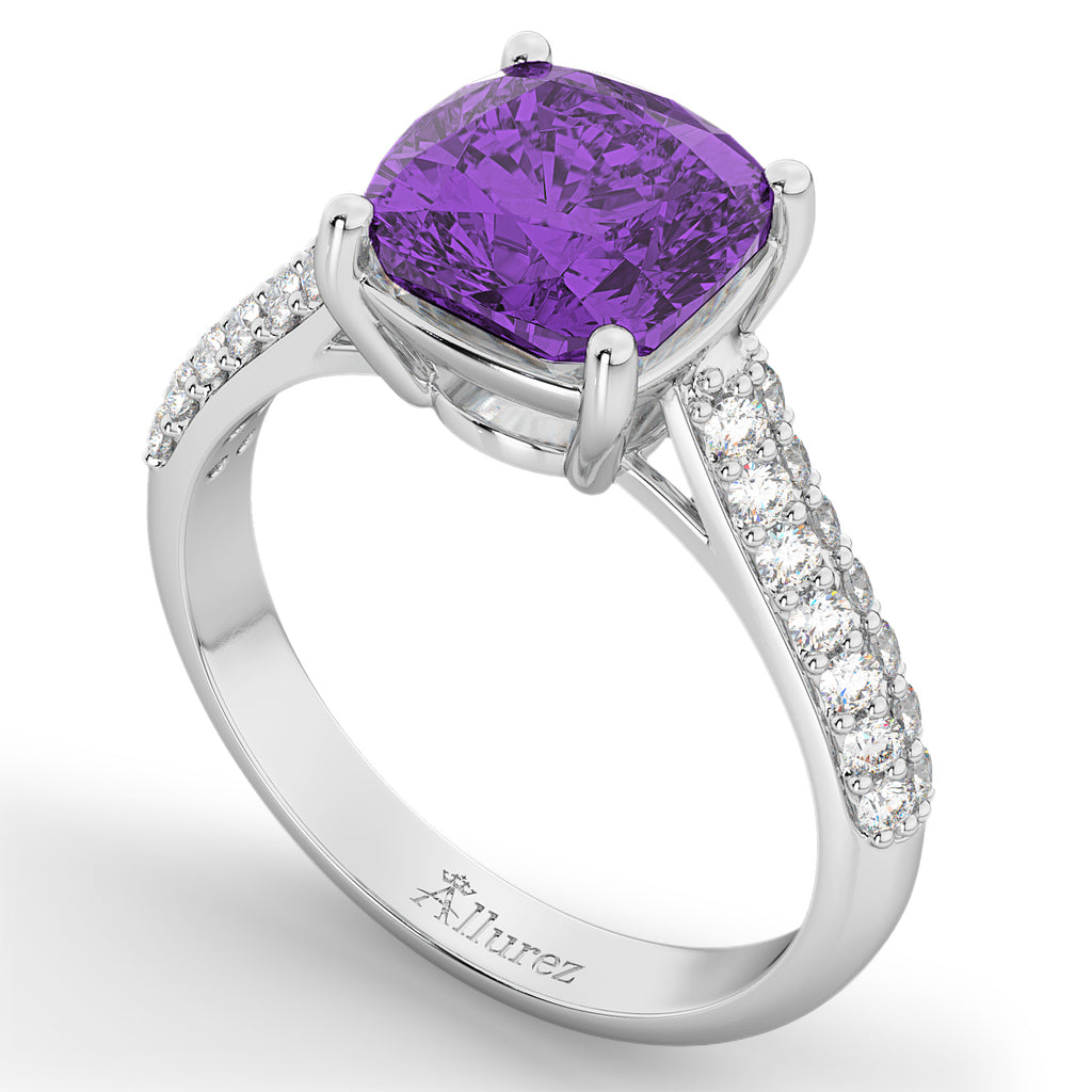 Cushion Cut Amethyst & Diamond Engagement Ring 14k White Gold (4.42ct)