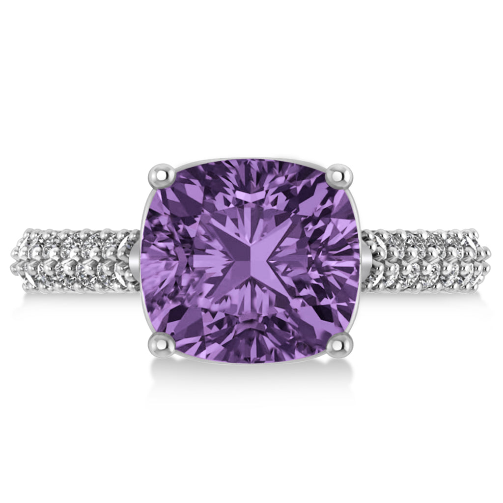 Cushion Cut Amethyst & Diamond Engagement Ring 14k White Gold (4.42ct)