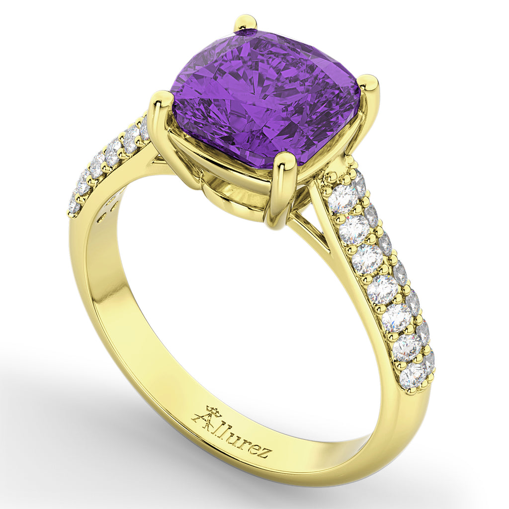Cushion Cut Amethyst & Diamond Engagement Ring 14k Yellow Gold (4.42ct)