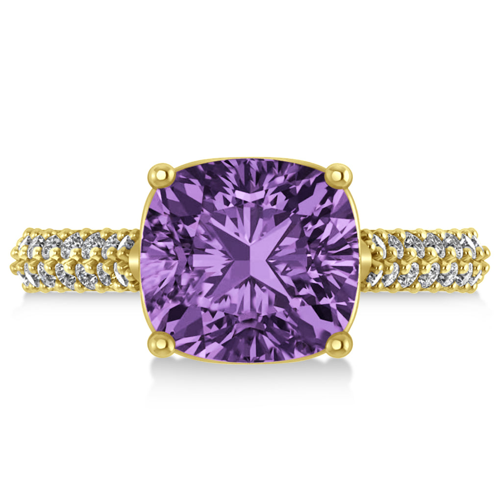 Cushion Cut Amethyst & Diamond Engagement Ring 14k Yellow Gold (4.42ct)