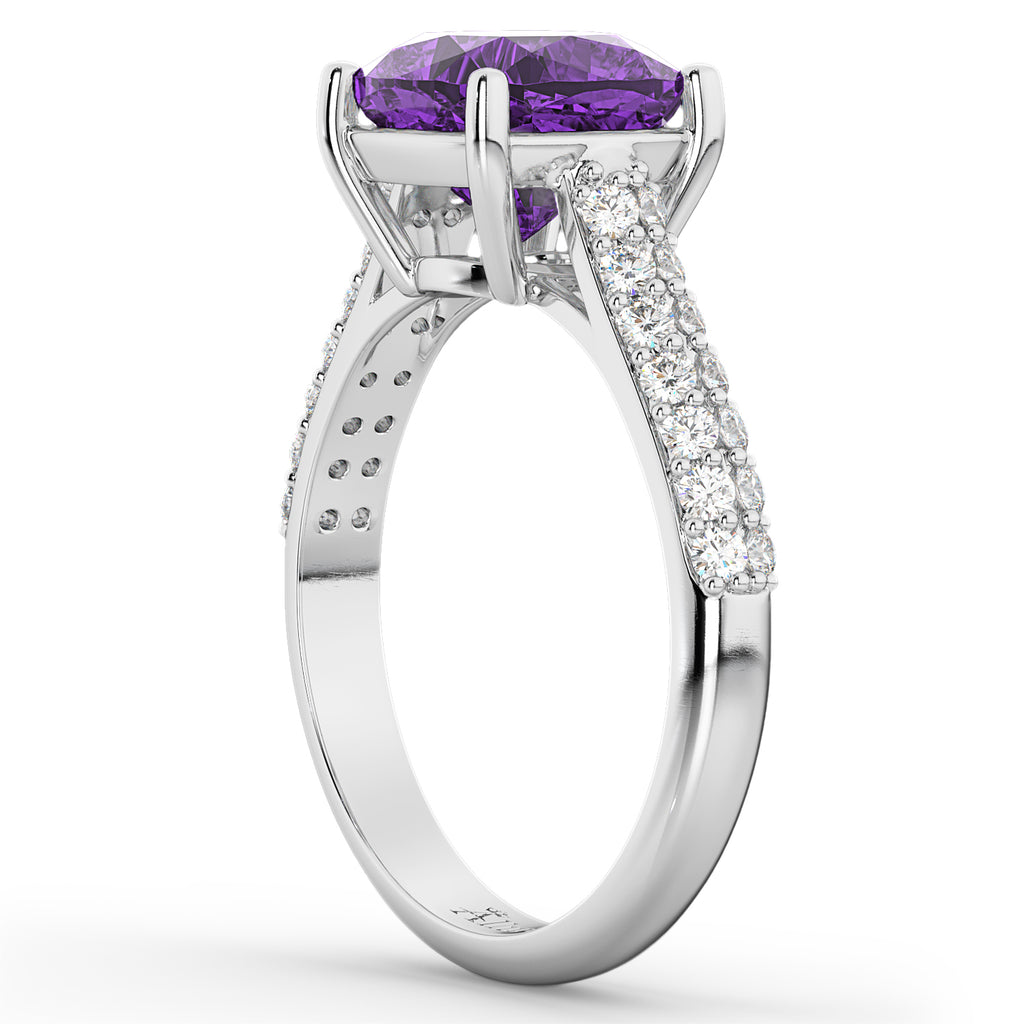 Cushion Cut Amethyst & Diamond Engagement Ring 18k White Gold (4.42ct)