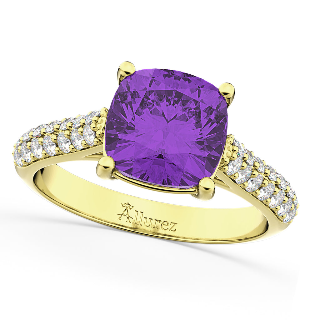 Cushion Cut Amethyst & Diamond Engagement Ring 18k Yellow Gold (4.42ct)