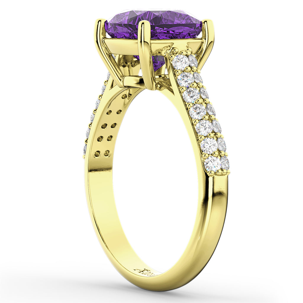Cushion Cut Amethyst & Diamond Engagement Ring 18k Yellow Gold (4.42ct)
