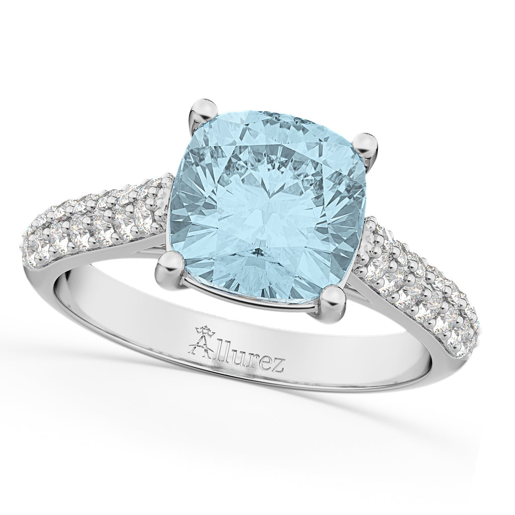Cushion Cut Aquamarine & Diamond Engagement Ring 14k White Gold (4.42ct)