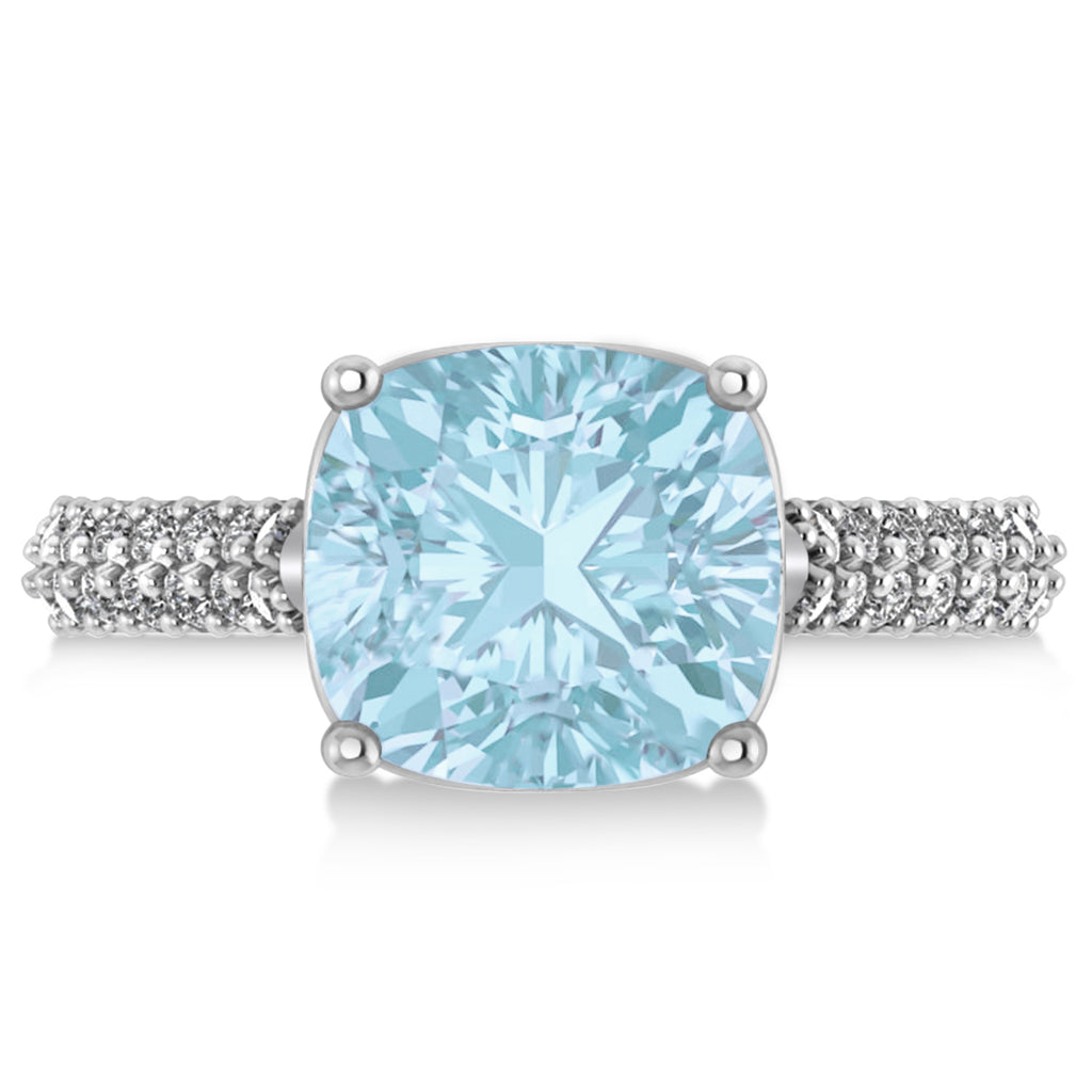Cushion Cut Aquamarine & Diamond Engagement Ring 14k White Gold (4.42ct)