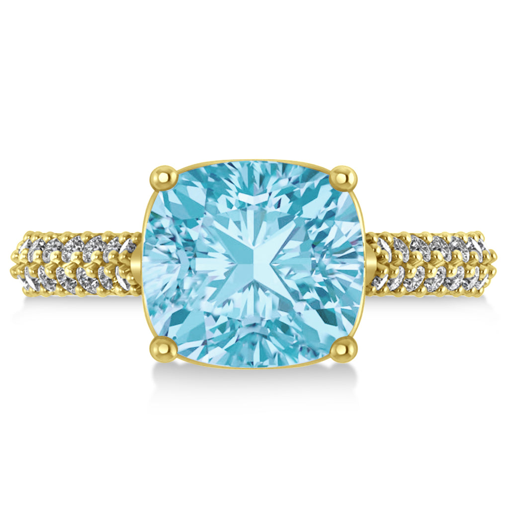 Cushion Cut Aquamarine & Diamond Engagement Ring 14k Yellow Gold (4.42ct)