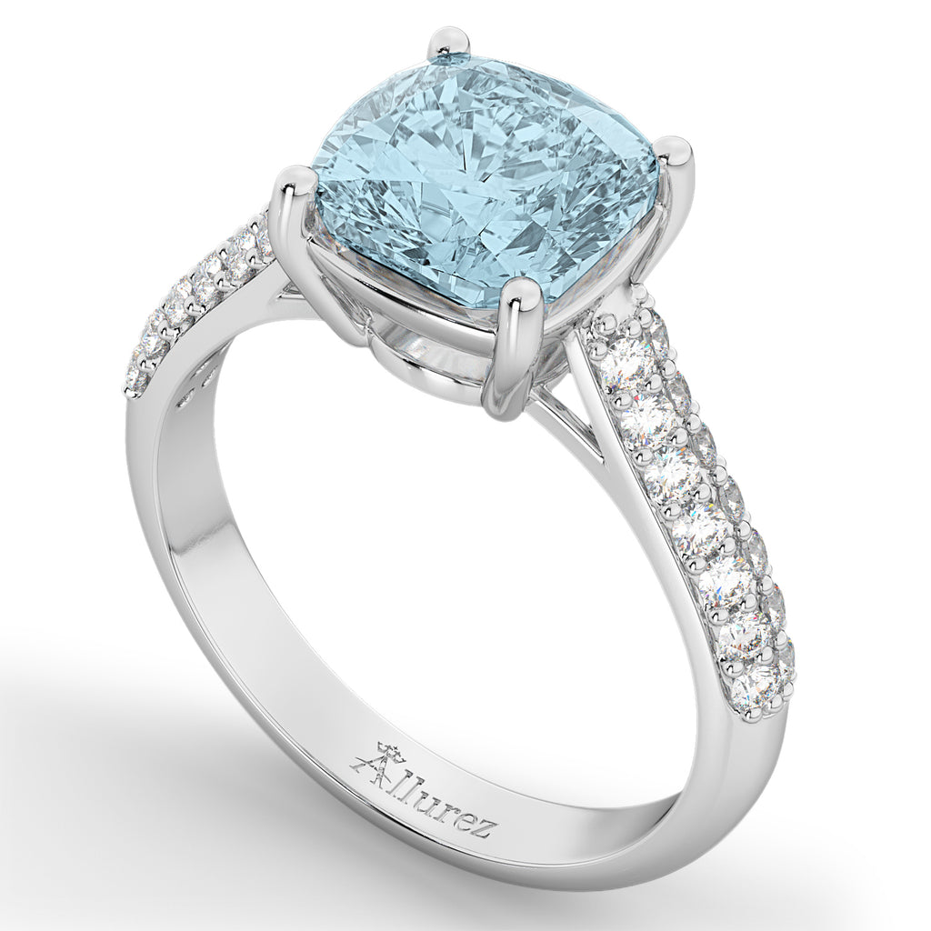 Cushion Cut Aquamarine & Diamond Engagement Ring 18k White Gold (4.42ct)