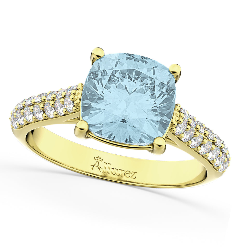 Cushion Cut Aquamarine & Diamond Engagement Ring 18k Yellow Gold (4.42ct)