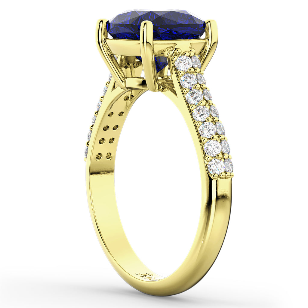Cushion Cut Blue Sapphire & Diamond Ring 14k Yellow Gold (4.42ct)