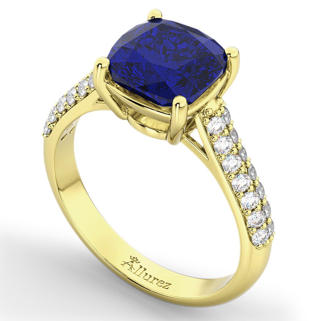 Cushion Cut Blue Sapphire & Diamond Ring 14k Yellow Gold (4.42ct)