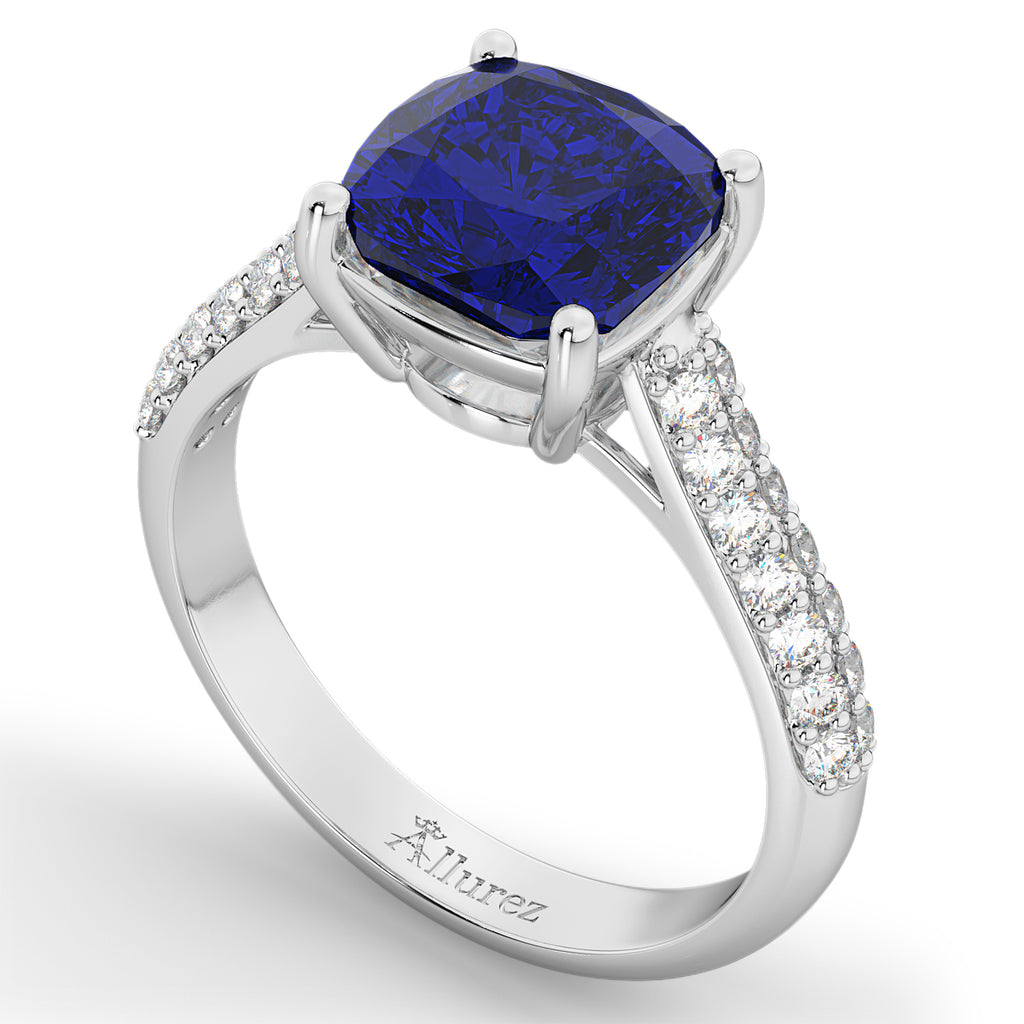 Cushion Cut Blue Sapphire & Diamond Ring 18k White Gold (4.42ct)
