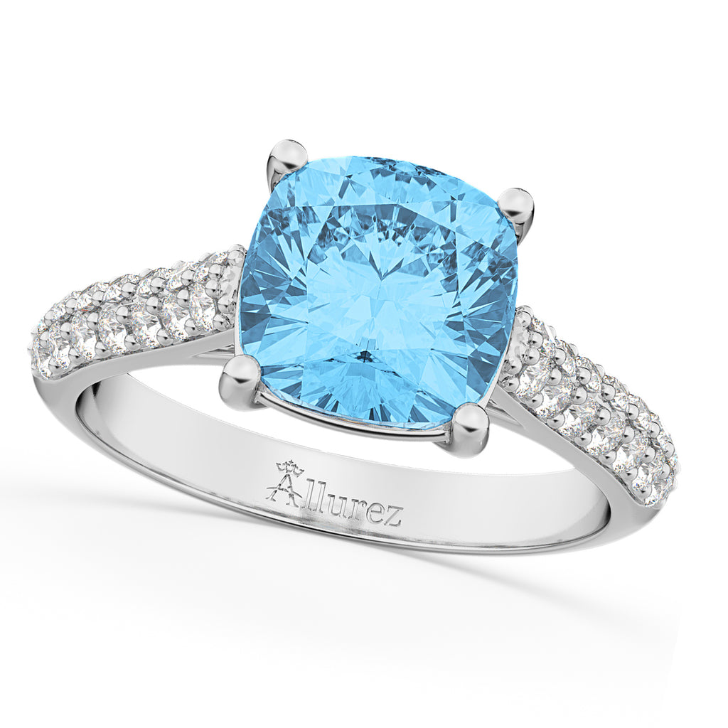Cushion Cut Blue Topaz & Diamond Ring 14k White Gold (4.42ct)