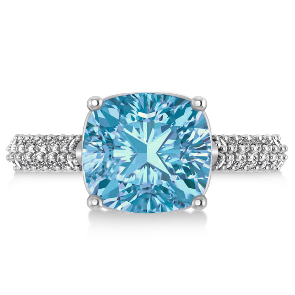 Cushion Cut Blue Topaz & Diamond Ring 14k White Gold (4.42ct)