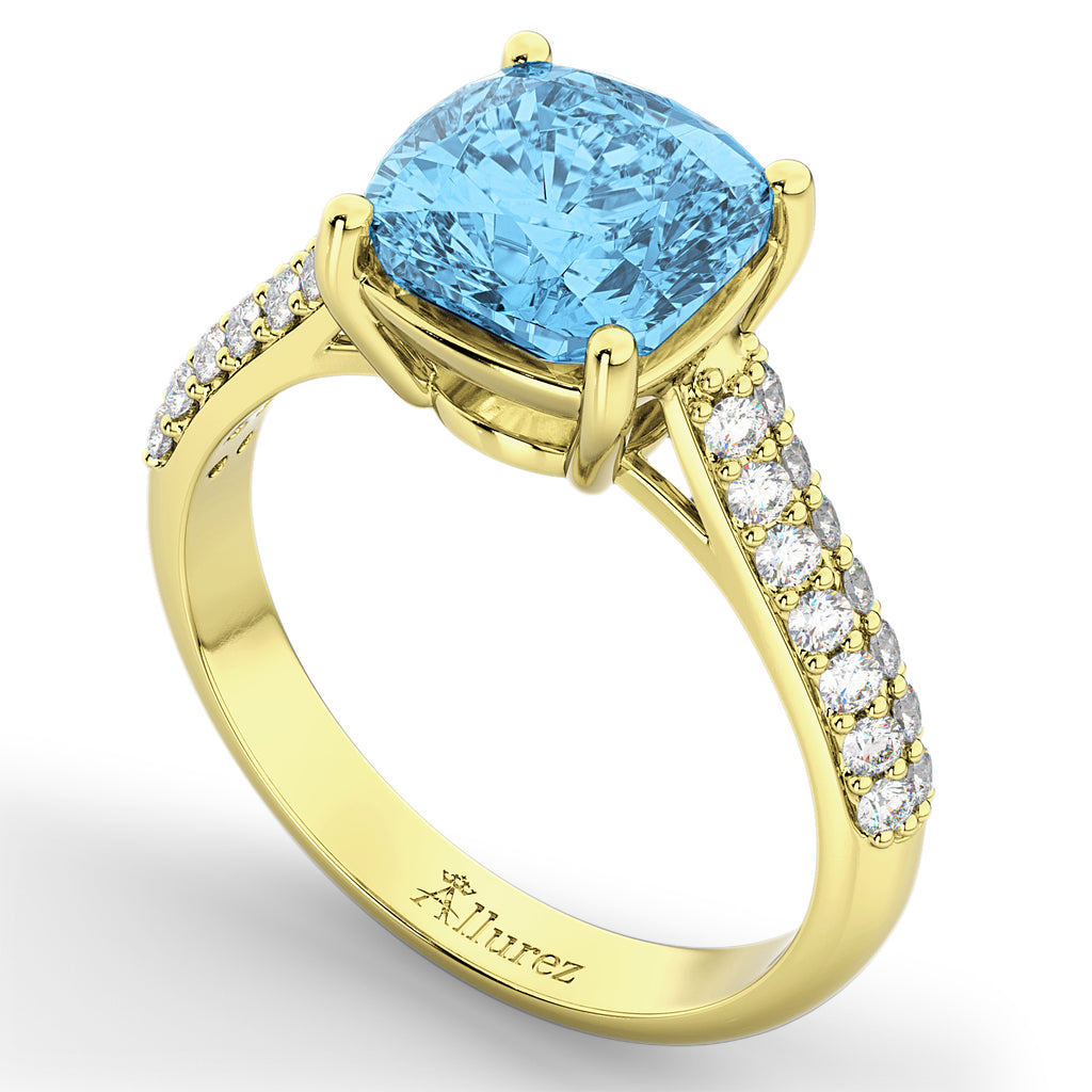 Cushion Cut Blue Topaz & Diamond Ring 14k Yellow Gold (4.42ct)