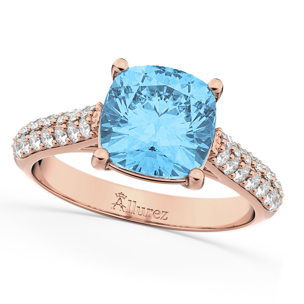 Cushion Cut Blue Topaz & Diamond Ring 18k Rose Gold (4.42ct)