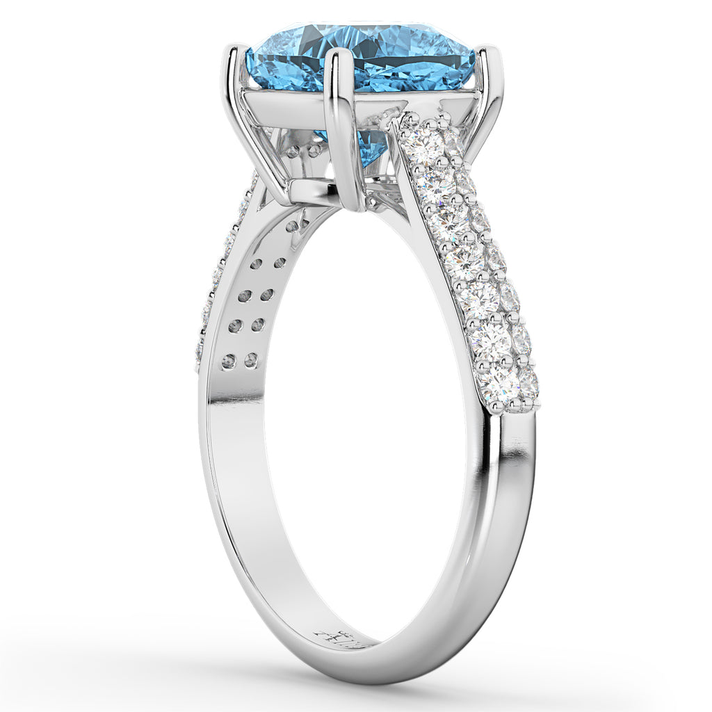 Cushion Cut Blue Topaz & Diamond Ring 18k White Gold (4.42ct)