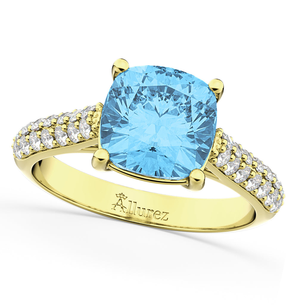 Cushion Cut Blue Topaz & Diamond Ring 18k Yellow Gold (4.42ct)