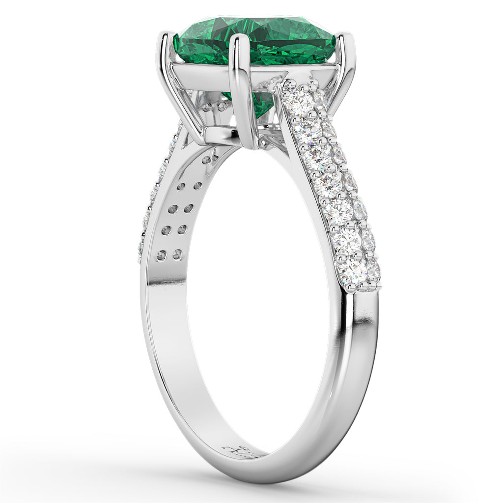 Cushion Cut Emerald & Diamond Engagement Ring 14k White Gold (4.42ct)