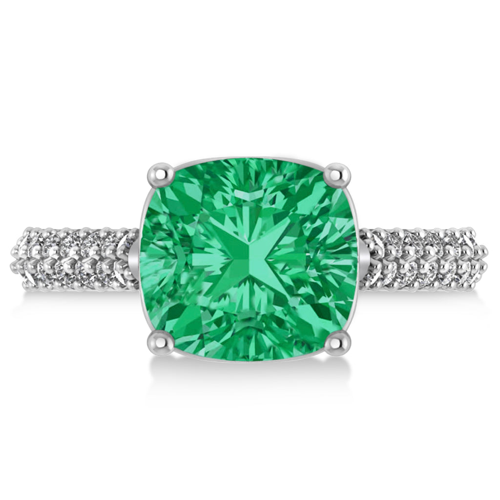 Cushion Cut Emerald & Diamond Engagement Ring 14k White Gold (4.42ct)