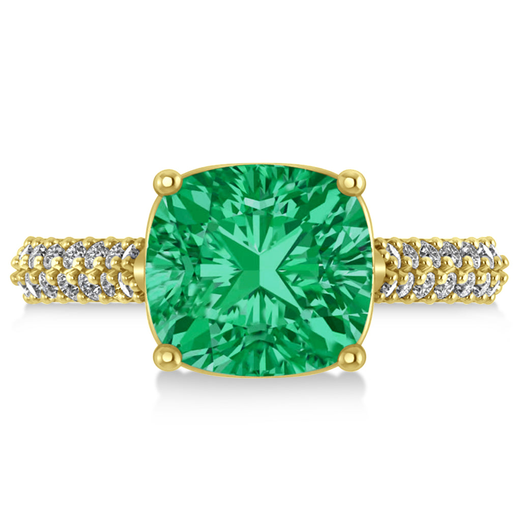 Cushion Cut Emerald & Diamond Engagement Ring 14k Yellow Gold (4.42ct)
