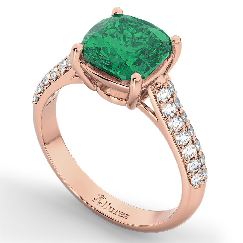 Cushion Cut Emerald & Diamond Engagement Ring 18k Rose Gold (4.42ct)