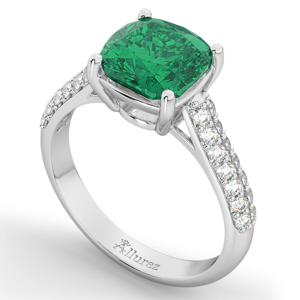 Cushion Cut Emerald & Diamond Engagement Ring 18k White Gold (4.42ct)
