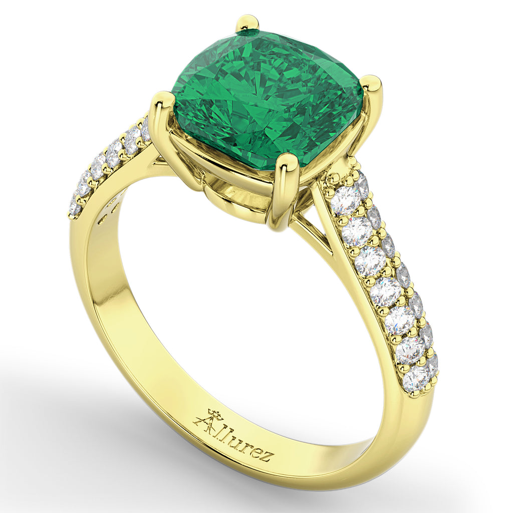 Cushion Cut Emerald & Diamond Engagement Ring 18k Yellow Gold (4.42ct)