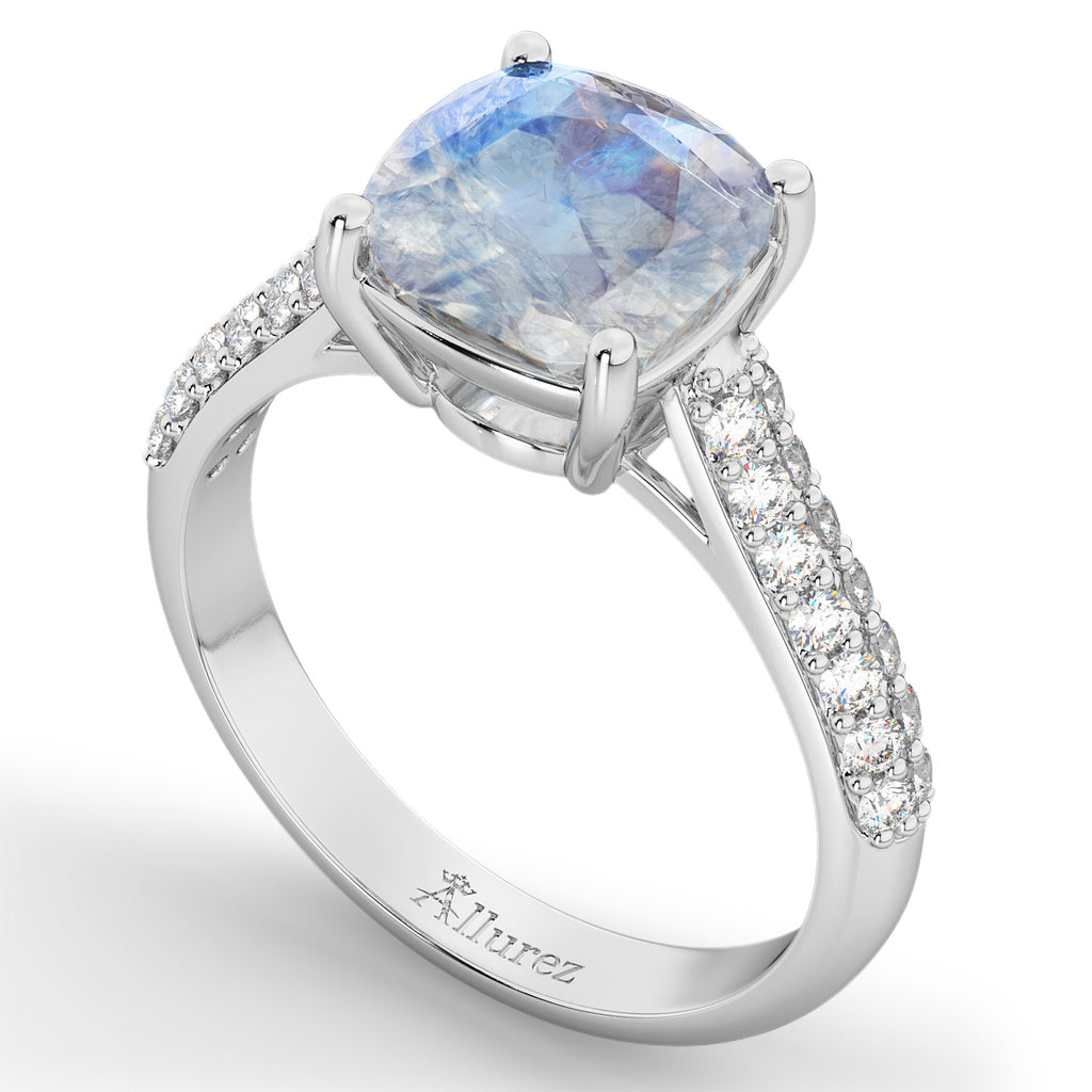 Cushion Cut Moonstone & Diamond Ring 14k White Gold (4.42ct)