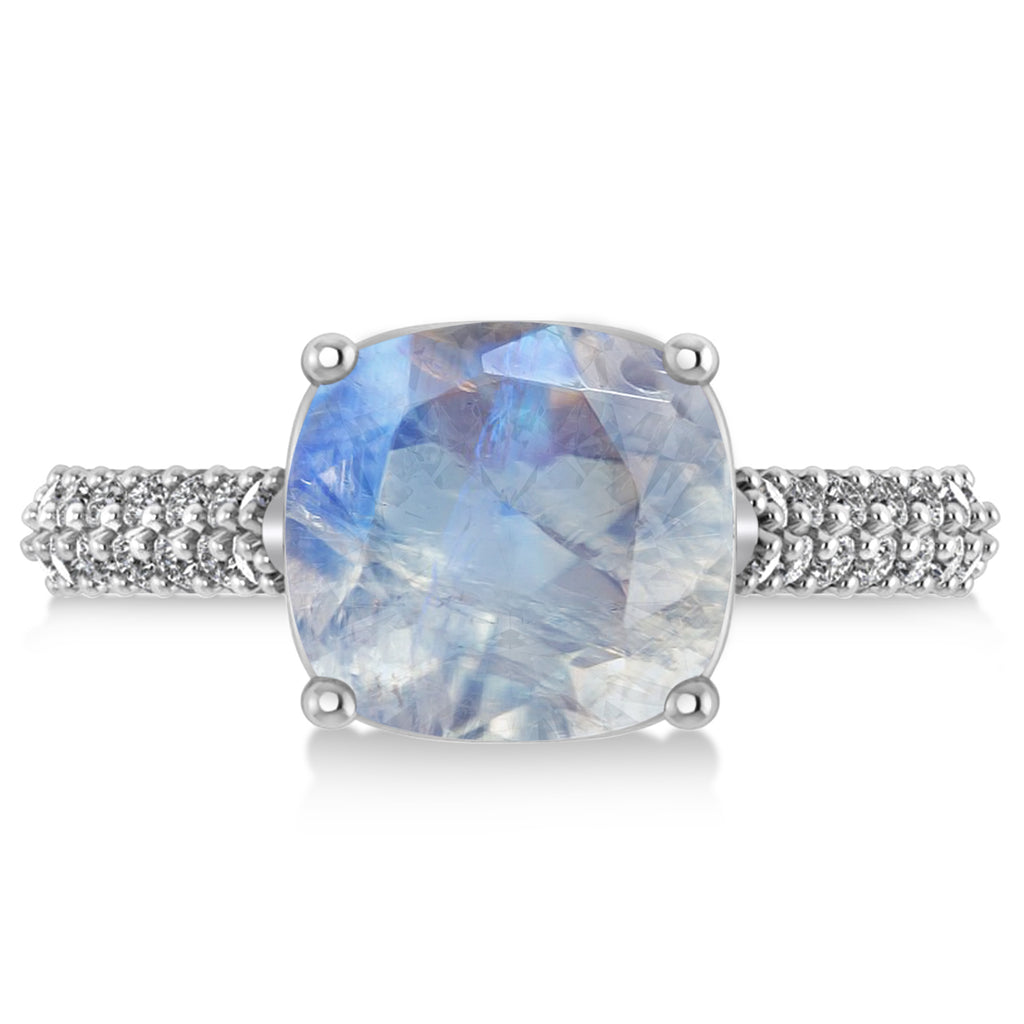 Cushion Cut Moonstone & Diamond Ring 14k White Gold (4.42ct)