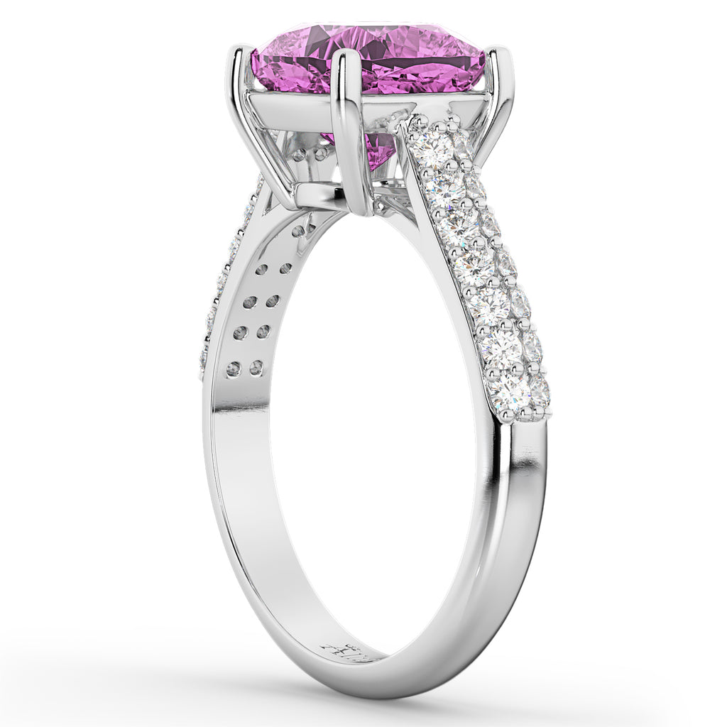 Cushion Cut Pink Sapphire & Diamond Ring 14k White Gold (4.42ct)
