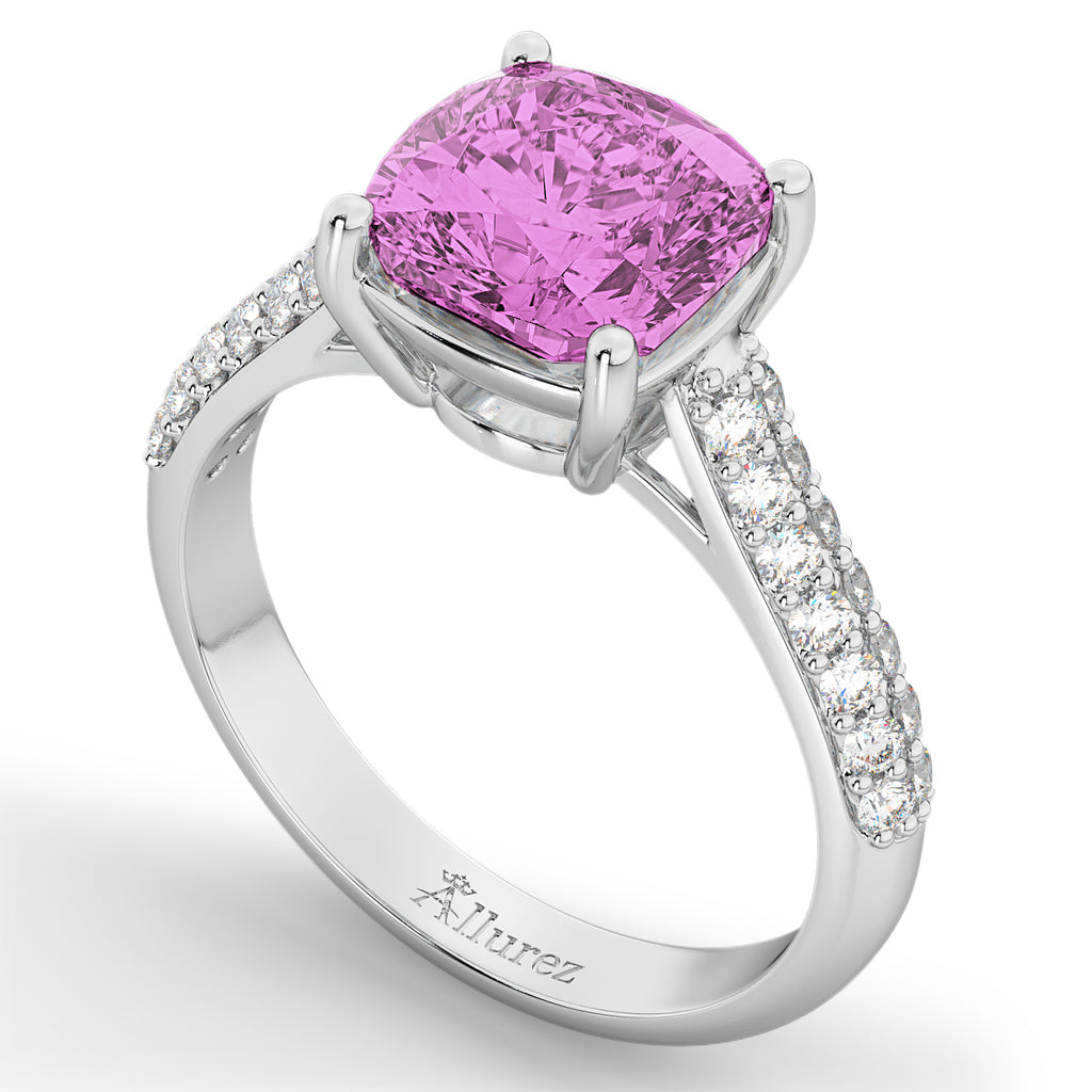 Cushion Cut Pink Sapphire & Diamond Ring 14k White Gold (4.42ct)