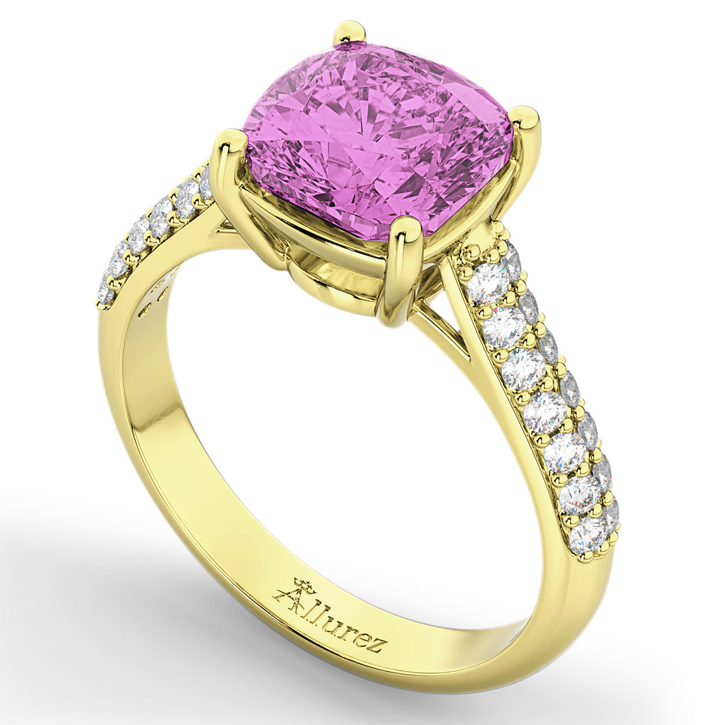 Cushion Cut Pink Sapphire & Diamond Ring 14k Yellow Gold (4.42ct)