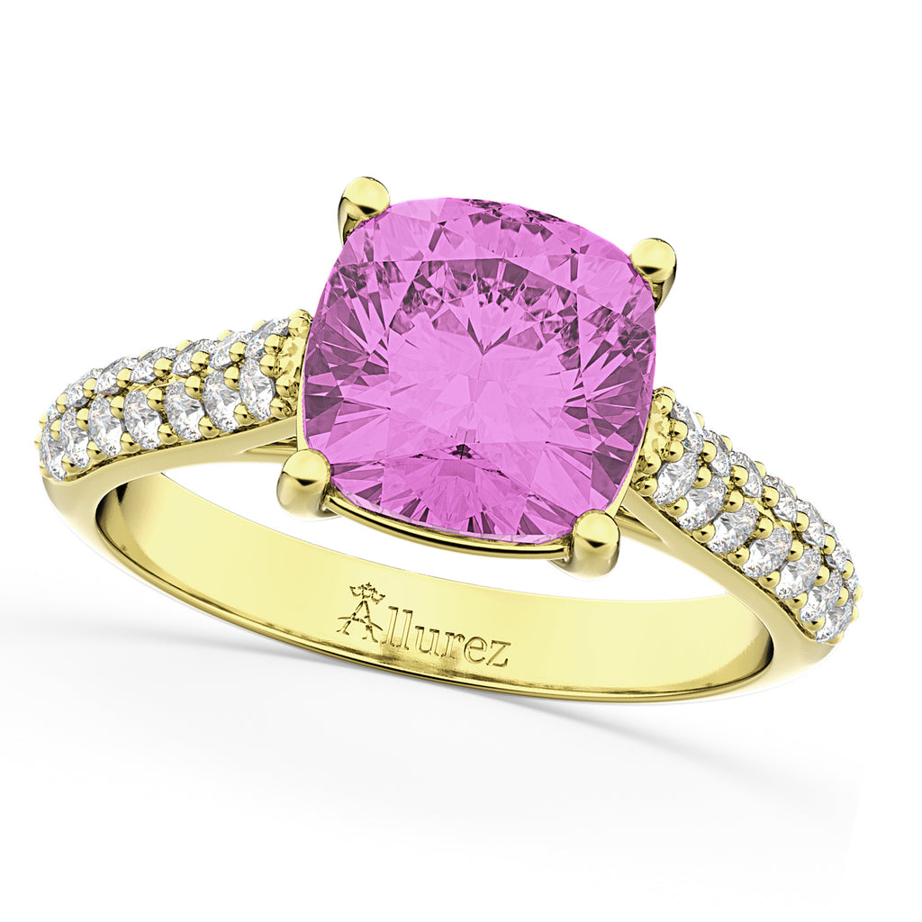 Cushion Cut Pink Sapphire & Diamond Ring 18k Yellow Gold (4.42ct)