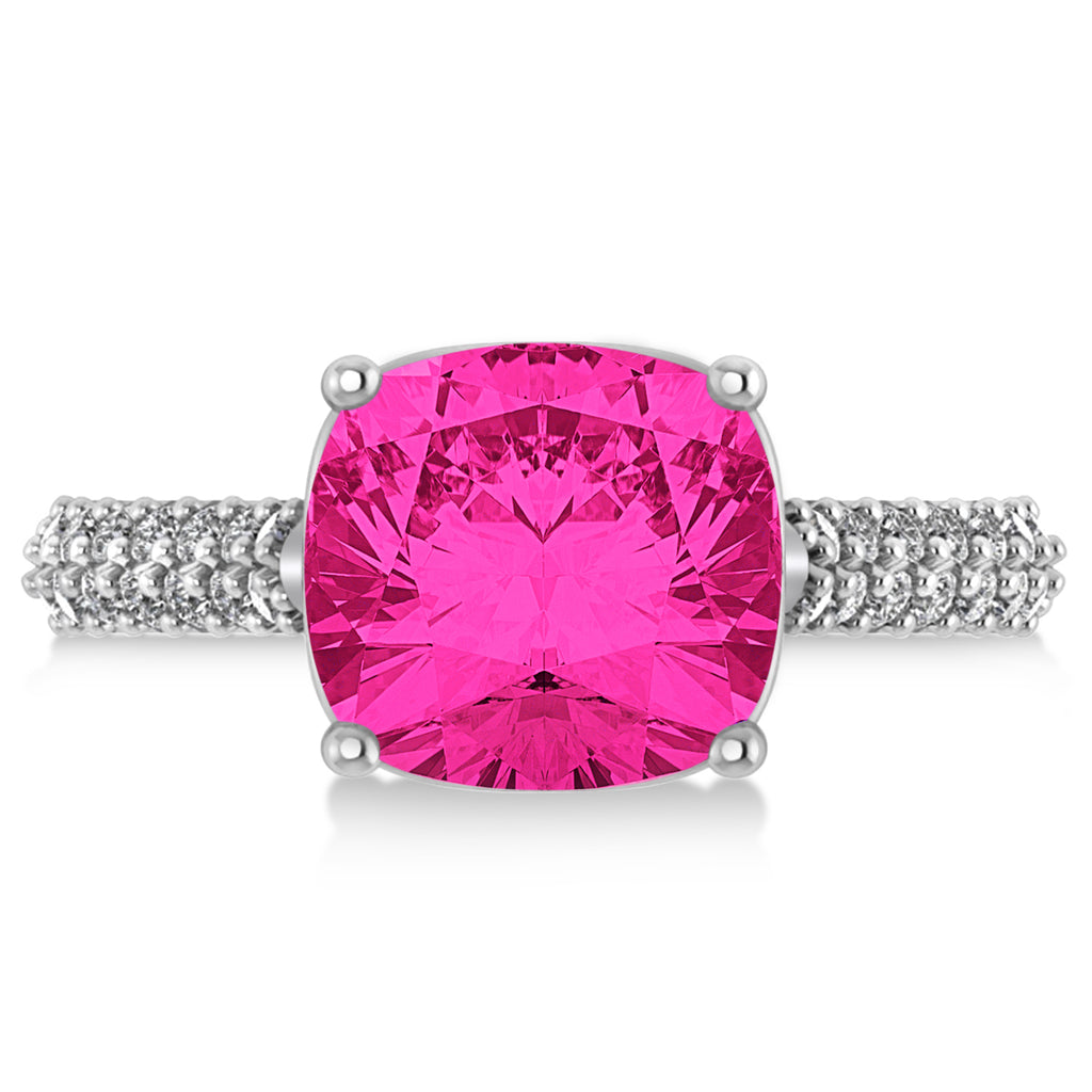 Cushion Cut Pink Tourmaline & Diamond Ring 14k White Gold (4.42ct)