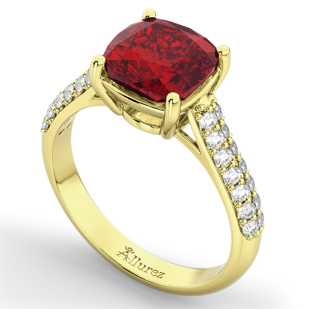 Cushion Cut Ruby & Diamond Engagement Ring 14k Yellow Gold (4.42ct)