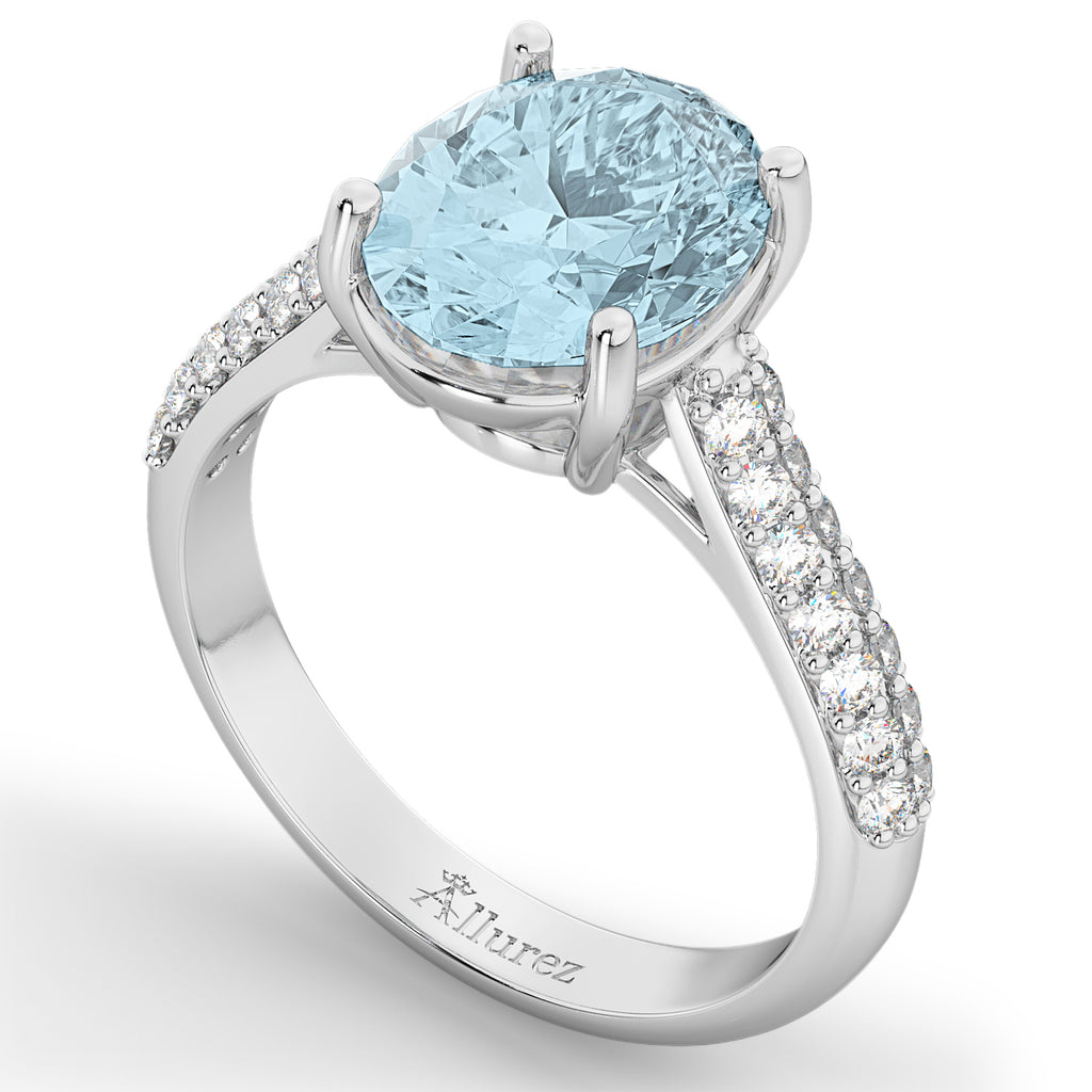 Oval Aquamarine & Diamond Engagement Ring 18k White Gold (4.42ct)